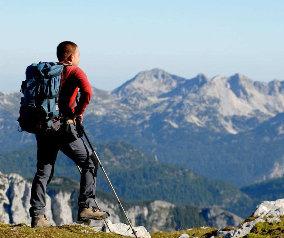 hiker looking at the mountains